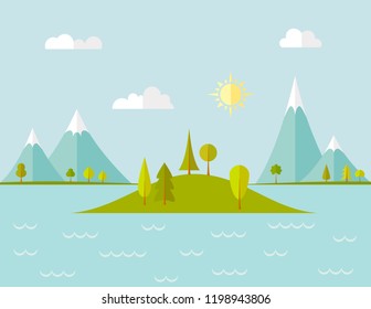 A small island in the center of the lake on the background of the mountains. Vector landscape in flat style. Banner on the tourist theme.