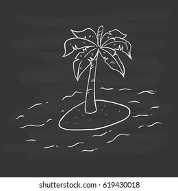 small island with coconut tree using hand drawing style on chalkboard background