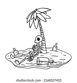 Small island with human bone skeleton laying under the palm tree surrounded with rum bottles, hand made outline illustration graphic. Scary island with drunk dead sailor under the plant, pen drawing.