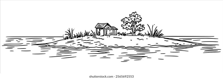 small island with a hut and tree surrounded by water, black vector illustration