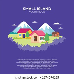 Small island illustration, with green grass, house, trees and mountains, simple, cute and trendy for banner or infographic