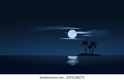 Small island in ocean at night with full moon