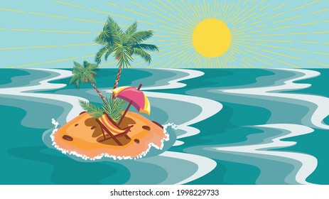 Small island in the ocean, palm trees and sun lounger, vacation background.