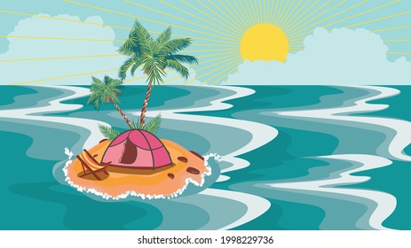 Small island in the ocean, palm trees and sun lounger, vacation background.