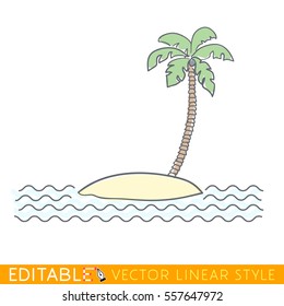 Small island with palm tree. Editable line drawing. Stock vector illustration.