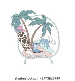 Small island with palm trees Cow printed surf board Ocean Wave Cowboy hat and shoes vector illustration. Coastal Western pre-made card 