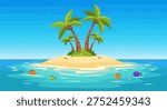 A small island with palm trees and fish in the water