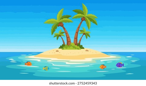 A small island with palm trees and fish in the water