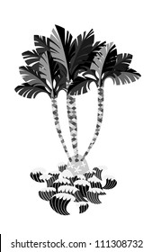 Small island with palm trees.Monochrome illustration on white background.