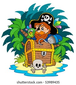 Small island and pirate with hook - vector illustration.