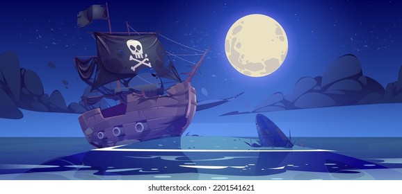 Pequeña isla en el mar con barco pirata roto por la noche. Dibujo vectorial ilustrativo del paisaje de la playa del océano con un barco corsario de madera abandonado con bandera negra y velas después del naufragio