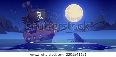 Small island in sea with broken pirate ship at night. Vector cartoon illustration of ocean beach landscape with abandoned old wooden corsair boat with black flag and sails after shipwreck
