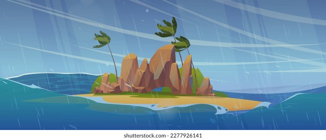 Small island in stormy sea. Vector cartoon illustration of uninhabited piece of land with rocks, palm trees surrounded by ocean water, huge waves and hurricane wind, heavy rainfall. Natural disaster