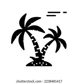Small island with two palm or coconut trees and grass in black solid style
