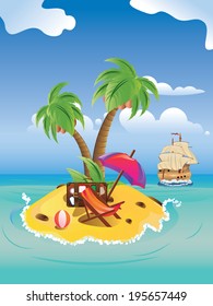 Small island with two palm trees and yellow sand in the ocean.