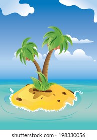 Small island with two palm trees and yellow sand in the ocean.