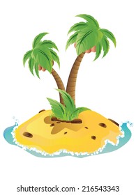 Small island with two palm trees and yellow sand.