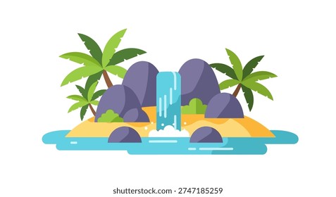 A small island with a waterfall and palm trees isolated on white background, Vector, illustration
