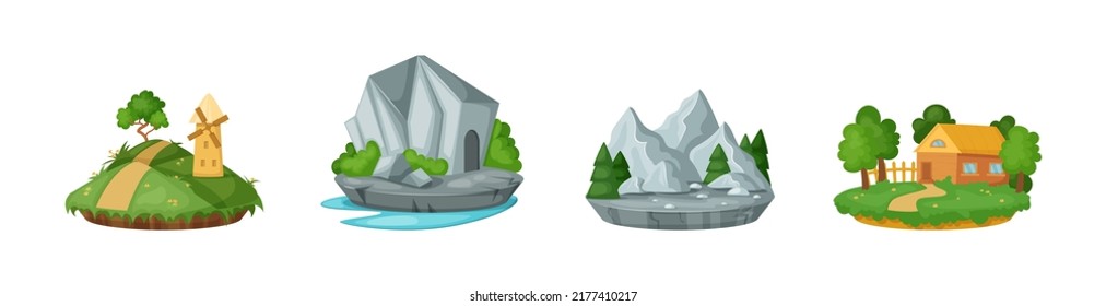 Pequeñas islas con diferentes paisajes naturales de verano. Isla con molino de viento, pequeña cabaña, casa de piedra y montañas. Interfaz de juego, vacaciones de verano, vectores de dibujos animados de diseño de vacaciones