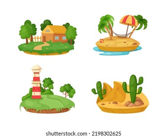 Small islands with different natural summer landscapes set. Island with cottage, palm trees, umbrella, sands and cactus, lighthouse. Game interface, summer vacation, holidays design cartoon vector