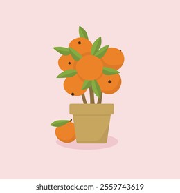 Small isolated blooming tangerine, mandarin, clementina tree in a flower pot with sparkles around. Vector illustration.