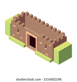 Small isometric castle with minimalistic plants around