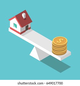 Small isometric house and gold dollar coins on weight scales. Real estate, price, finance and home concept. Flat design. EPS 8 compatible vector illustration, no transparency, no gradients