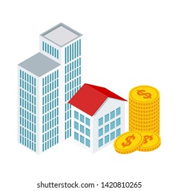 Small isometric houses and money stack. Changes in real estate prices, the dynamics of the investment market. Concept on white background.