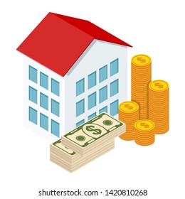 Small isometric houses and money stack. Changes in real estate prices, the dynamics of the investment market. Concept on white background.