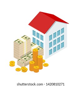 Small isometric houses and money stack. Changes in real estate prices, the dynamics of the investment market. Concept on white background.