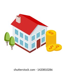 Small isometric houses and money stack. Changes in real estate prices, the dynamics of the investment market. Concept on white background.
