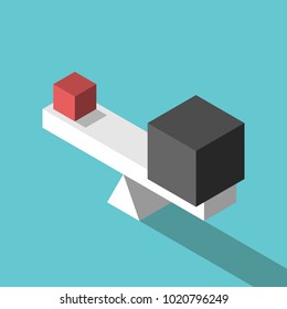 Small isometric red cube and big black one on seesaw weight scale on turquoise blue. Leadership, competition and balance concept. Flat design. Vector illustration, no transparency, no gradients