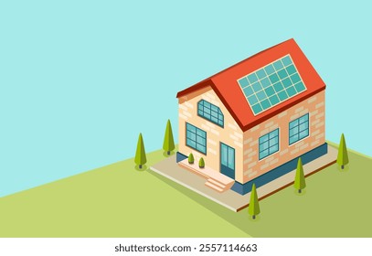 Small isometric rural house with a solar panel on the roof, eco-friendly technology concept. Ideal for sustainability projects, architectural visualizations, and promoting renewable energy solutions.