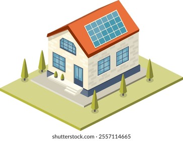 Small isometric rural house with a solar panel on the roof, eco-friendly technology concept. Ideal for sustainability projects, architectural visualizations, and promoting renewable energy solutions.