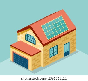 Small isometric rural house with a solar panel on the roof, eco-friendly technology concept. Ideal for sustainability projects, architectural visualizations, and promoting renewable energy solutions.