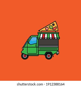 Small italian pizza food truck tricycle vector illustration for Foodtruck Day on June 26. Take-away food symbol.