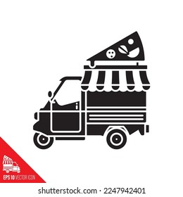 Small italian pizza food truck tricycle vector icon. Take-away food symbol.