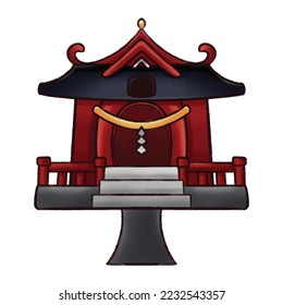 Small Japanese Shrine. Japanese traditional culture. Shintoism. Religious symbols. World iconic element in Japanese culture. Holiday vacation wall decor poster print concept.