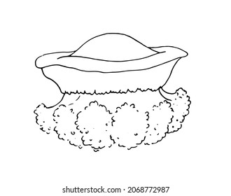 a small jellyfish. hand-drawn jellyfish in the style of a sketch of a round shape with short tentacles with a pattern of dots isolated by a black outline of a marine animal on a white background for a