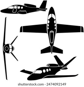 Small jet airplane vector set with outline for laser and vinyl project