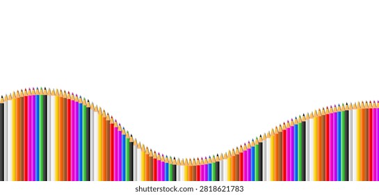 Small juxtaposed colored pencils form a wave from the bottom left to the right