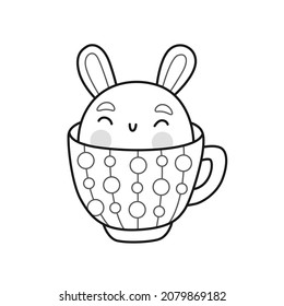 Small kawaii bunny, rabbit in mug. Cute cartoon animal character in cup. Funny outline illustration. Vector isolated emblem for logo, coloring book, tattoo, print.