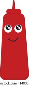 A small ketchup in red bottle which is in plastic , vector, color drawing or illustration.