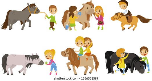 Small Kid Characters Petting The Horse Vector Illustrations