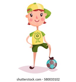 Small kid or child standing on soccer ball. Boy in cap with football attribute. Cartoon young guy with smile. Posing schoolkid with funny expression. Schoolchildren and childhood, sport activity theme