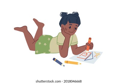 Small kid drawing house on paper with crayons, education and development of creative skills in kindergarten or preschool establishment. Happy childhood of girl. Flat cartoon character vector
