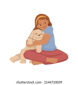 Small kid girl playing with doggo, isolated child with cute dog animal. Vector flat cartoon character caring for pet, cuddling puppy with furry coat. Best and true friendship of dog with girl