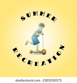A small kid having fun on a three-wheel kick scooter bike with the title : Summer Recreation. Vector illustration. 