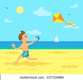 Small kid on summer vacation vector, boy running with kite in hands. Sunny weather, sailboat on water and sunshine, kid on beach having fun holidays