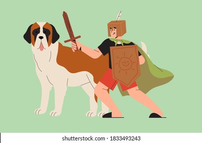 Small kid playing knight with his loyal dog wearing paper helmet and holding paper shield and wooden sword. Eco wooden toys, happy childhood with best friend concept. Happy boy playing with his pet.